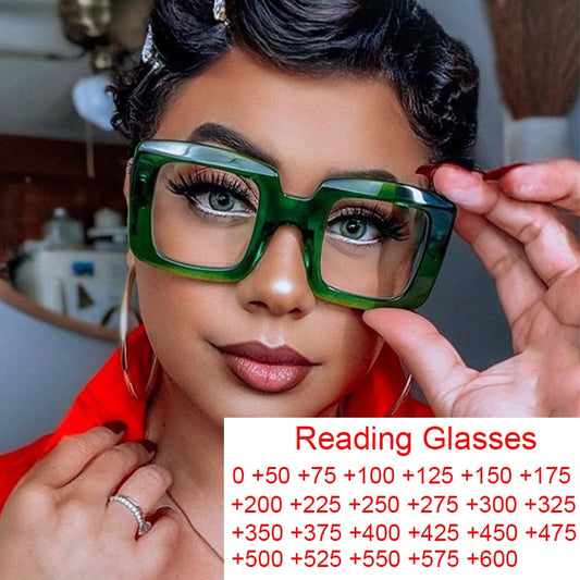 "Protect Your Eyes in Style: Anti Blue Light Green Reading Glasses for Women - Classic Vintage Square Eyeglasses with Transparent Frames and Magnifying Lenses (0~+600)"
