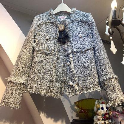 Vintage Wool Tweed Jackets Women Plaid Tassel Cropped Bomber Jacket Coat Autumn Winter Outwear Elegant Harajuku Pearls Bow A506