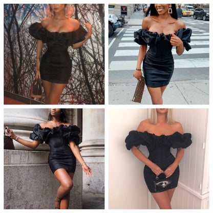 Ruffle off shoulder sexy dress women vintage bodycon black summer dress Elegant short female