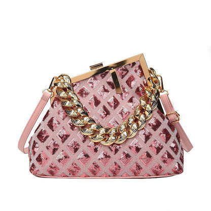 "Women's Designer Crossbody Bag with Chain Handle - Shell Design, Multiple Pockets and Versatile Use as Shoulder Bag, Tote or Clutch".