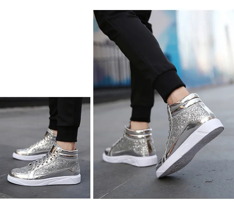 2020 Fashion Men High Top Sneakers Male Ankle Boots Gold Luxury Glitter Shoes Streetwear Hip Hop Casual Boots Chaussures Homme