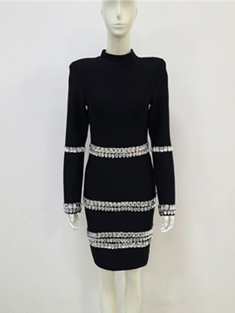 Giselle Stylish Winter Sexy Turtleneck Beading Long Sleeve Black Mini Bandage Dress 2023 Elegant Evening Club Party Dress