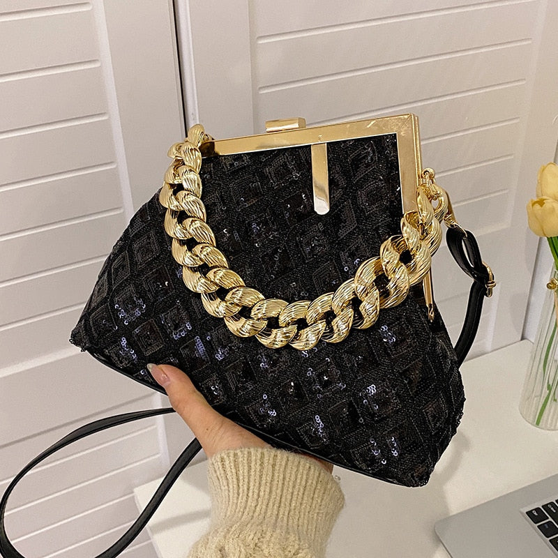 "Women's Designer Crossbody Bag with Chain Handle - Shell Design, Multiple Pockets and Versatile Use as Shoulder Bag, Tote or Clutch".