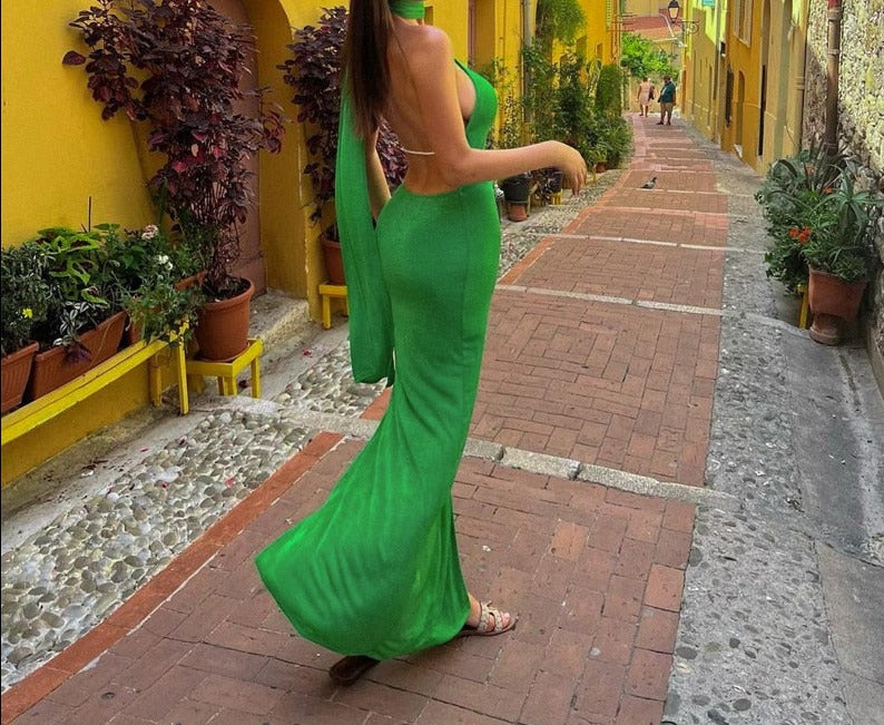 MB Classic  Backless sheer Halter Midi Dress Green Summer Beach Club Party Bodycon Dress