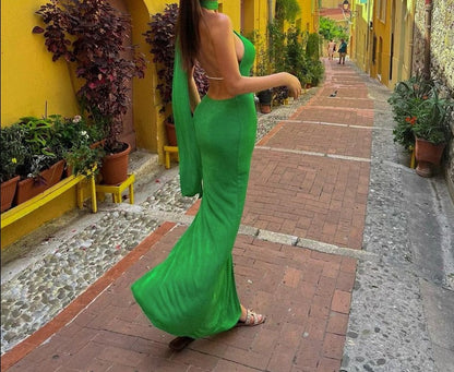 MB Classic  Backless sheer Halter Midi Dress Green Summer Beach Club Party Bodycon Dress