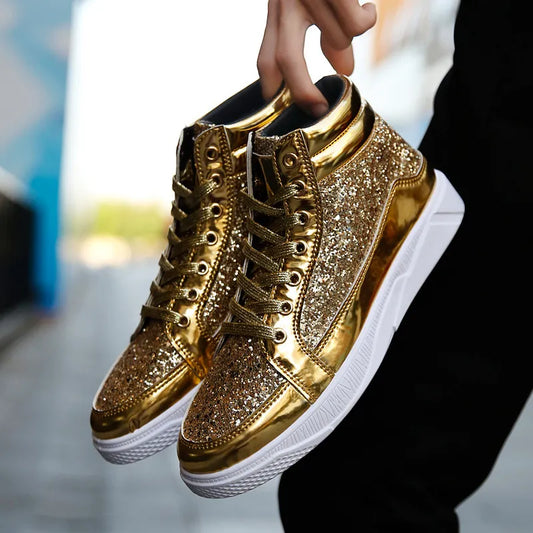 2020 Fashion Men High Top Sneakers Male Ankle Boots Gold Luxury Glitter Shoes Streetwear Hip Hop Casual Boots Chaussures Homme