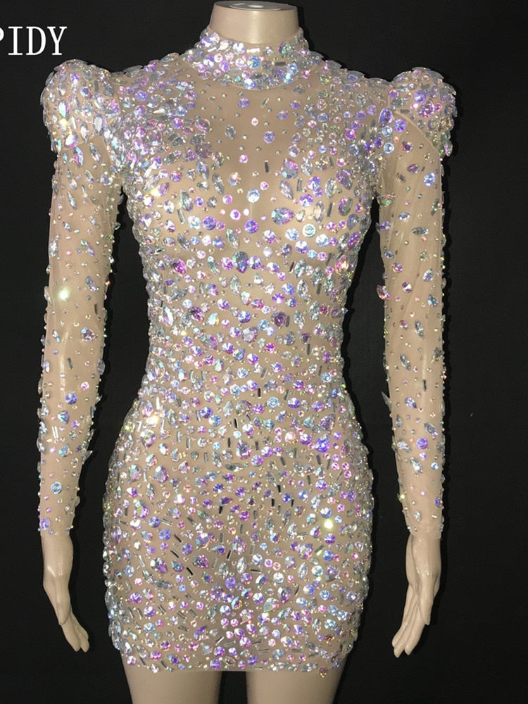 Handmade AB Rhinestones Colorful Jumpsuit Dancer Prom Performance Celebrate Outfit Evening Birthday Big Stones Costumes Dress