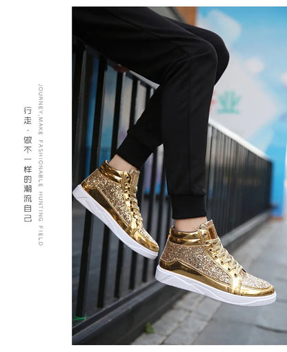 2020 Fashion Men High Top Sneakers Male Ankle Boots Gold Luxury Glitter Shoes Streetwear Hip Hop Casual Boots Chaussures Homme