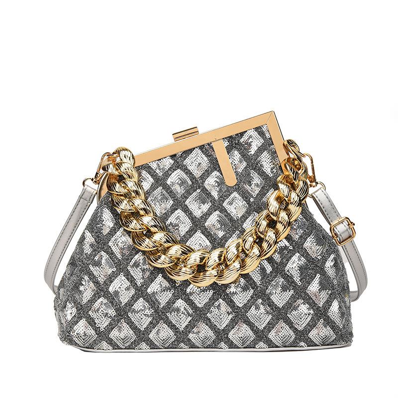 "Women's Designer Crossbody Bag with Chain Handle - Shell Design, Multiple Pockets and Versatile Use as Shoulder Bag, Tote or Clutch".