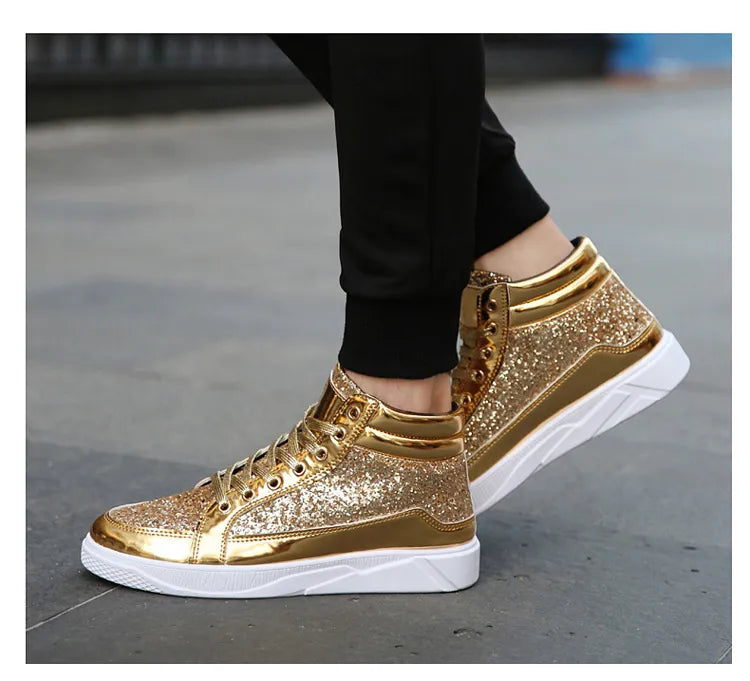 2020 Fashion Men High Top Sneakers Male Ankle Boots Gold Luxury Glitter Shoes Streetwear Hip Hop Casual Boots Chaussures Homme