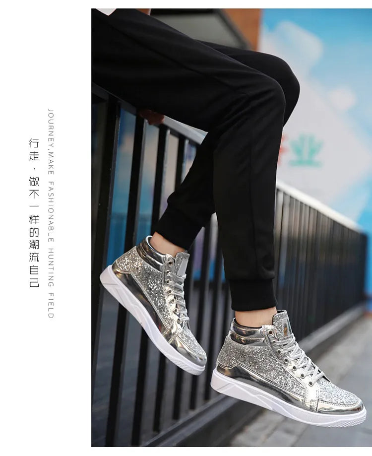 2020 Fashion Men High Top Sneakers Male Ankle Boots Gold Luxury Glitter Shoes Streetwear Hip Hop Casual Boots Chaussures Homme