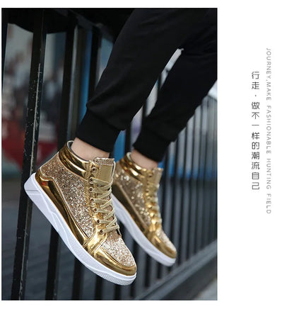 2020 Fashion Men High Top Sneakers Male Ankle Boots Gold Luxury Glitter Shoes Streetwear Hip Hop Casual Boots Chaussures Homme