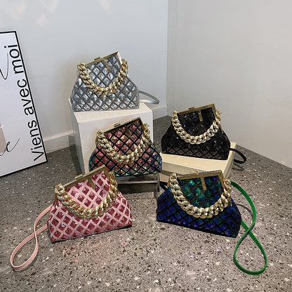 "Women's Designer Crossbody Bag with Chain Handle - Shell Design, Multiple Pockets and Versatile Use as Shoulder Bag, Tote or Clutch".