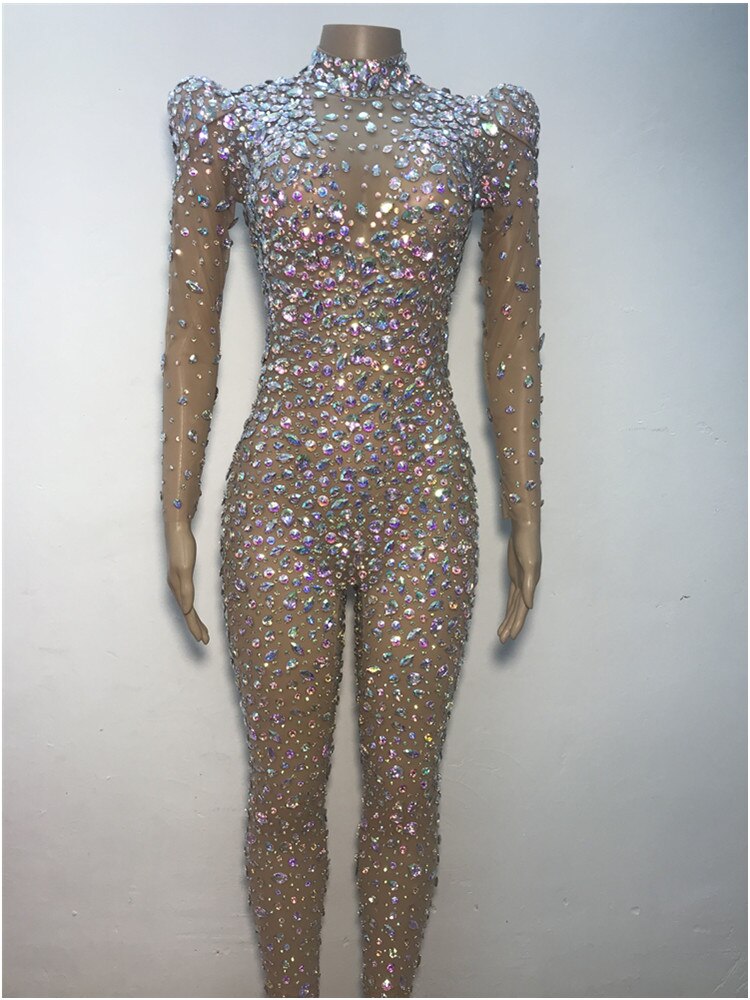 Handmade AB Rhinestones Colorful Jumpsuit Dancer Prom Performance Celebrate Outfit Evening Birthday Big Stones Costumes Dress