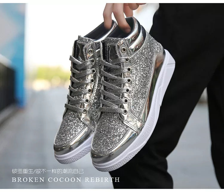 2020 Fashion Men High Top Sneakers Male Ankle Boots Gold Luxury Glitter Shoes Streetwear Hip Hop Casual Boots Chaussures Homme