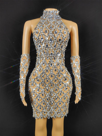 Sparkly Sliver Crystals Women  Dress Mesh Celebrate Nightclub Prom Party