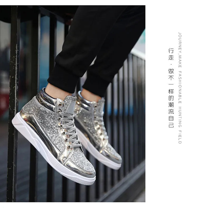 2020 Fashion Men High Top Sneakers Male Ankle Boots Gold Luxury Glitter Shoes Streetwear Hip Hop Casual Boots Chaussures Homme