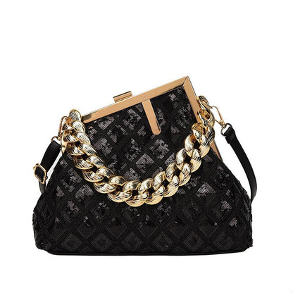 "Women's Designer Crossbody Bag with Chain Handle - Shell Design, Multiple Pockets and Versatile Use as Shoulder Bag, Tote or Clutch".