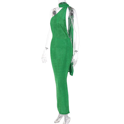 MB Classic  Backless sheer Halter Midi Dress Green Summer Beach Club Party Bodycon Dress