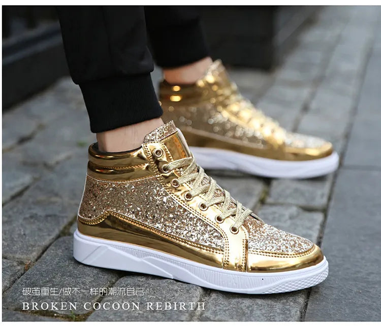 2020 Fashion Men High Top Sneakers Male Ankle Boots Gold Luxury Glitter Shoes Streetwear Hip Hop Casual Boots Chaussures Homme