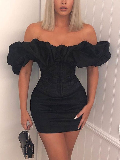 Ruffle off shoulder sexy dress women vintage bodycon black summer dress Elegant short female