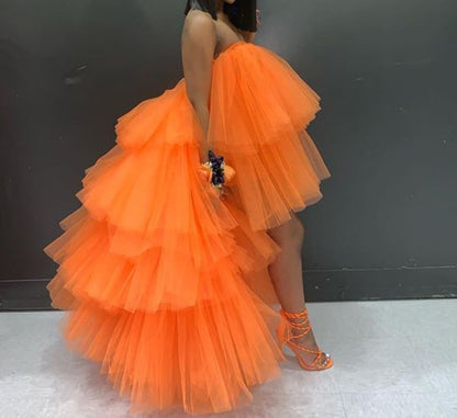 Extra Puffy Tulle Hi Low Prom Gown Party Dresses Tiered Ball Gown Cocktail Formal Dress Chic Orange Skirt Tutu Occasion Wear