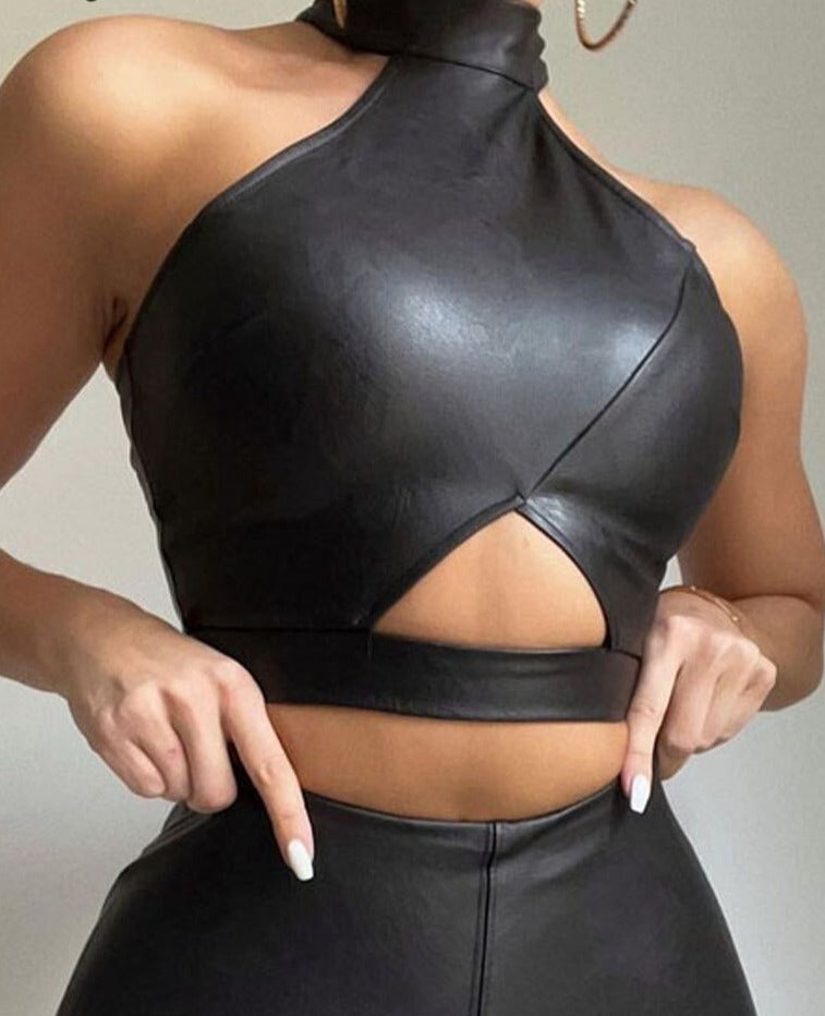 Women PU Leather Cutout Crop Top &amp; Pants Set