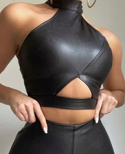 Women PU Leather Cutout Crop Top &amp; Pants Set