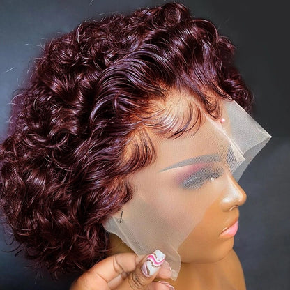 Short Bob Pixie Cut Wig Burgundy Lace Front Human Hair Wigs For Women Red Curly Human Hair Wig Bleached Knots Baby Hair 250 Remy