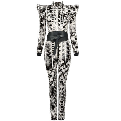 Chic Jumpsuit Women Geometric Jacquard Bodysuit Long Sleeve With Belt Celebrity Party Bandage One Piece Set