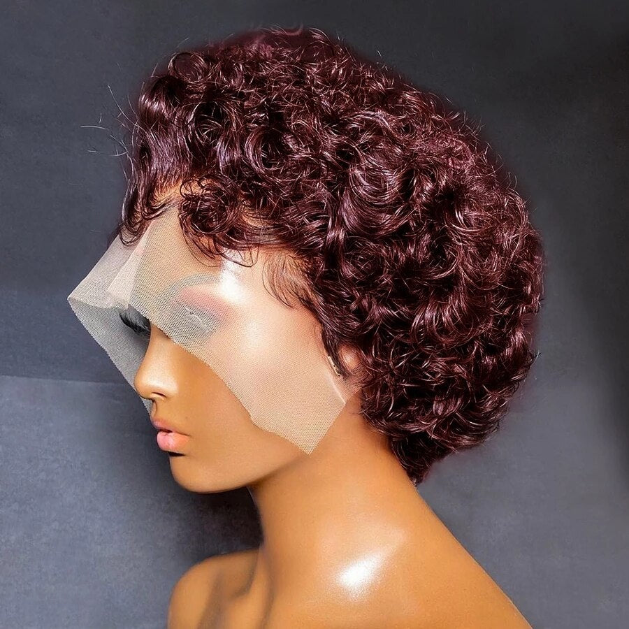 Short Bob Pixie Cut Wig Burgundy Lace Front Human Hair Wigs For Women Red Curly Human Hair Wig Bleached Knots Baby Hair 250 Remy