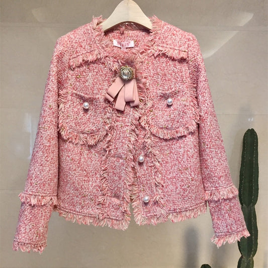 Vintage Wool Tweed Jackets Women Plaid Tassel Cropped Bomber Jacket Coat Autumn Winter Outwear Elegant Harajuku Pearls Bow A506