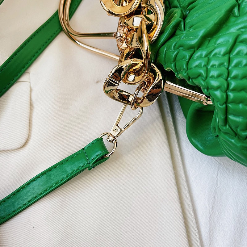"Chic and Versatile: 2023 Collection of Pink and Green Shoulder Bags with Thick Gold Chain Straps - Perfect for Any Occasion!"