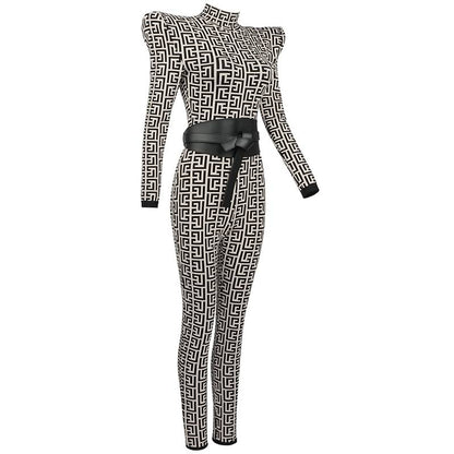 Chic Jumpsuit Women Geometric Jacquard Bodysuit Long Sleeve With Belt Celebrity Party Bandage One Piece Set