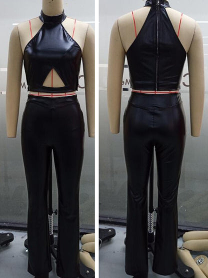 Women PU Leather Cutout Crop Top &amp; Pants Set