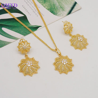 Gold Color Necklace set With Stud Earrings Sexy Jewelry For Women Wedding Gift Young Lady Accessories Copper Light Weight