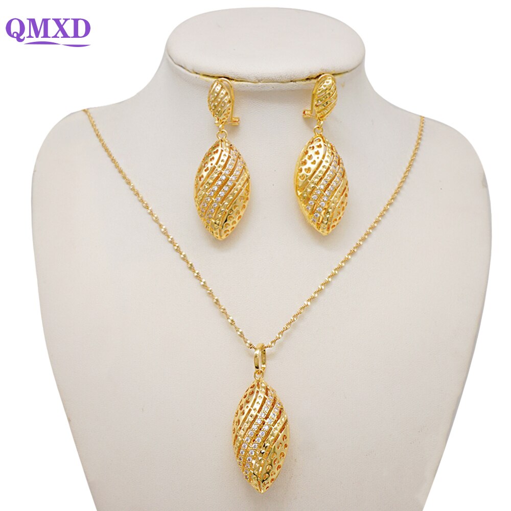 Gold Color Necklace set With Stud Earrings Sexy Jewelry For Women Wedding Gift Young Lady Accessories Copper Light Weight