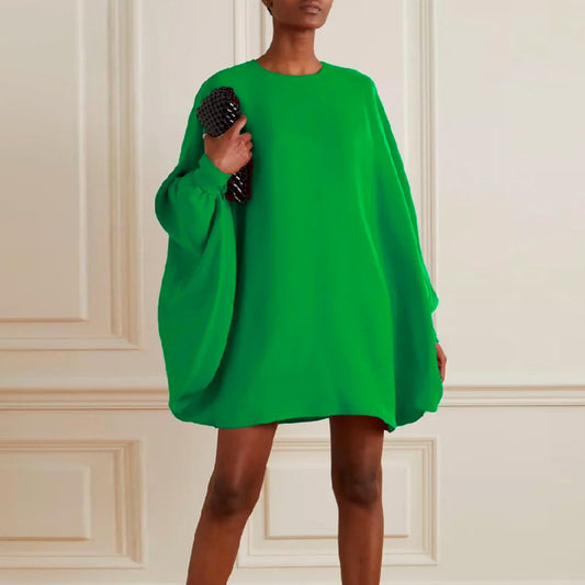 Yeezzi Summer Fashion Female Green Dress Loose Simple Long Batwing Sleeves Solid Color Round-Neck Mini Dresses For Women 2022