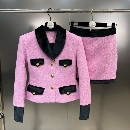 Turn Down Collar Golden Buttons Pink Woolen Blazer Coat Short Skirt Two Piece Set Women Outfits GH154