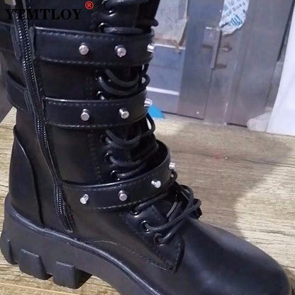 New Mid Calf Women Autumn Winter Fashion Lace-up Zipper Botas Mujer Boots Sports Platform Heel Ladies Shoes Knee High Boots