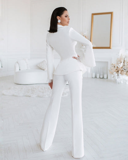 White Lace Wedding Tuxedos Women Lady Long Sleeve Jacket Coat   Casual Wide Leg Trousers Set