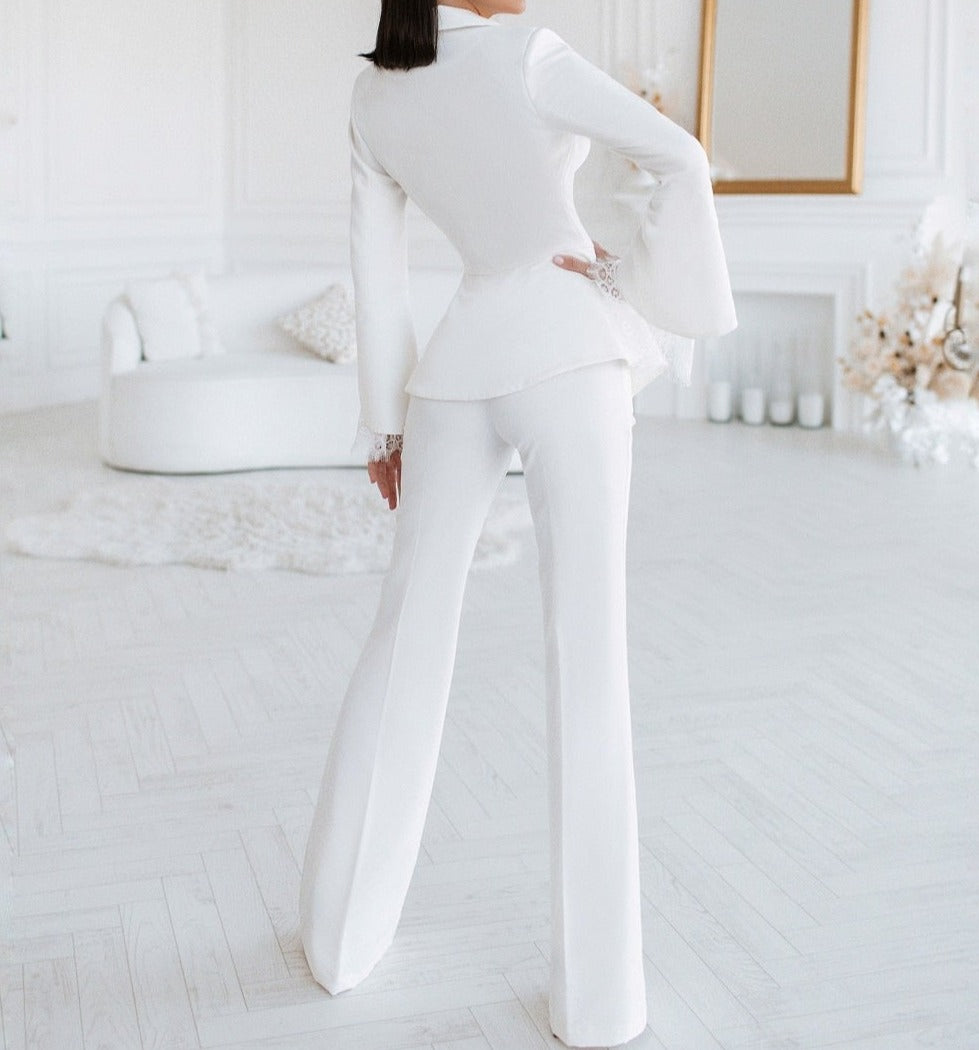 White Lace Wedding Tuxedos Women Lady Long Sleeve Jacket Coat   Casual Wide Leg Trousers Set