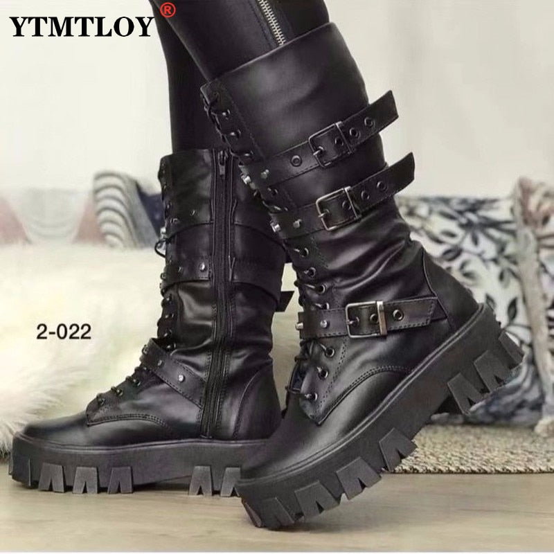 New Mid Calf Women Autumn Winter Fashion Lace-up Zipper Botas Mujer Boots Sports Platform Heel Ladies Shoes Knee High Boots