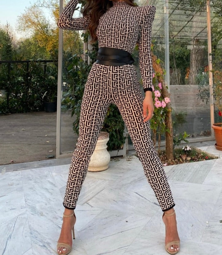 Chic Jumpsuit Women Geometric Jacquard Bodysuit Long Sleeve With Belt Celebrity Party Bandage One Piece Set