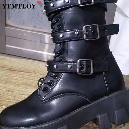 New Mid Calf Women Autumn Winter Fashion Lace-up Zipper Botas Mujer Boots Sports Platform Heel Ladies Shoes Knee High Boots