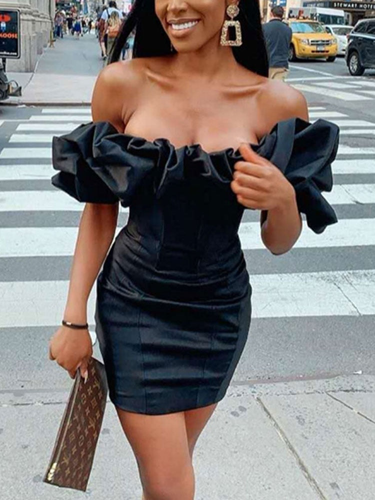 Ruffle off shoulder sexy dress women vintage bodycon black summer dress Elegant short female